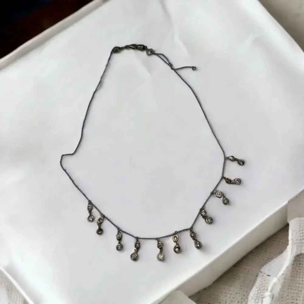 Diamond 14K Gold Double Bezel Adjustable Magnetic Clasp‎ Necklace 22 Drops